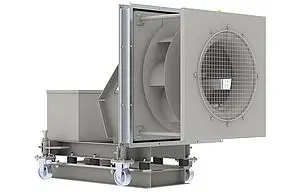 mobile centrifugal fan ZAmovement from ZIEHL-ABEGG grey free-running fan without housing on wheels frontal view 45 degrees rotated