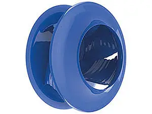 bionisch designter Radialventilator ZAbluefin RH in Stahlausführung blaues Laufrad einzeln Frontansicht 45 Grad gedreht