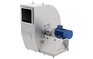 clutch-driven fan from ZIEHL-ABEGG process air fan with grey housing and blue motor frontal view 45 degrees rotated